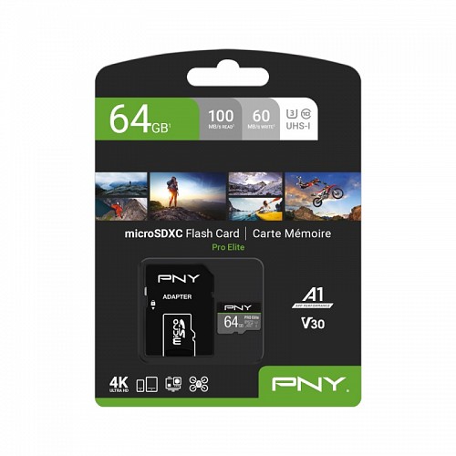 PNY Pro Elite 64GB Micro SD w-Adapter CLASS10 U3